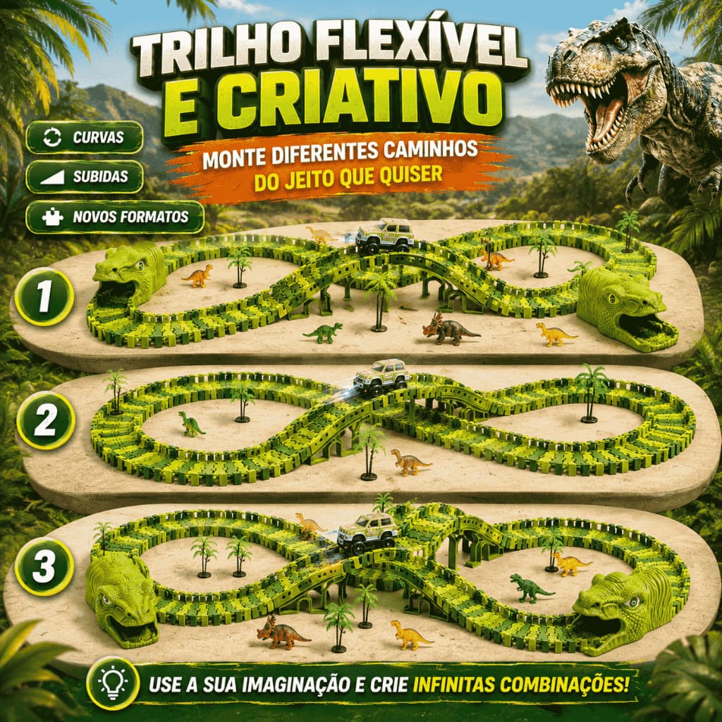 Pista de Corrida Dinossauro 240 Peças Túnel Trilhos Elétrico Brinquedo Jurássico Infantil