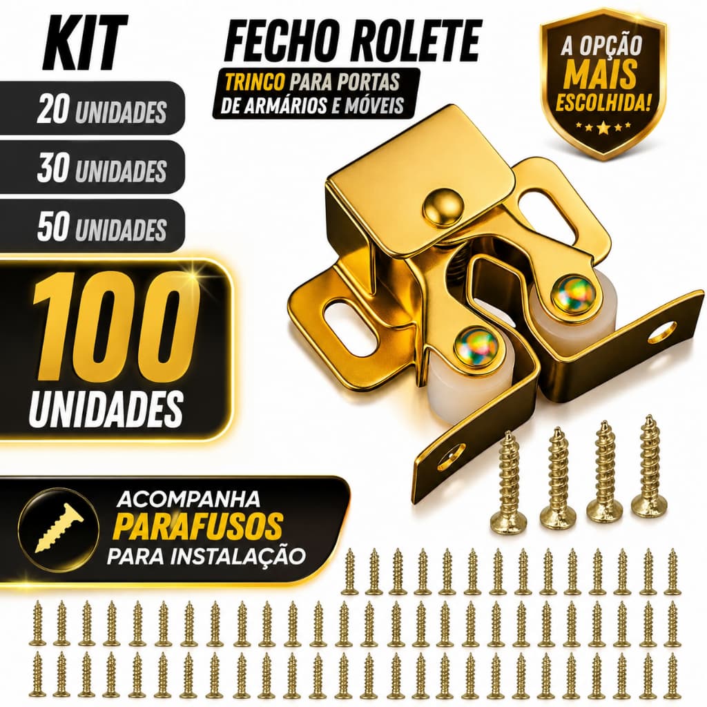 Fecho Rolete Trinco c/ Parafusos Porta Armário Móveis Aço Zincado Kit 20 30 50 ou 100 Unidades