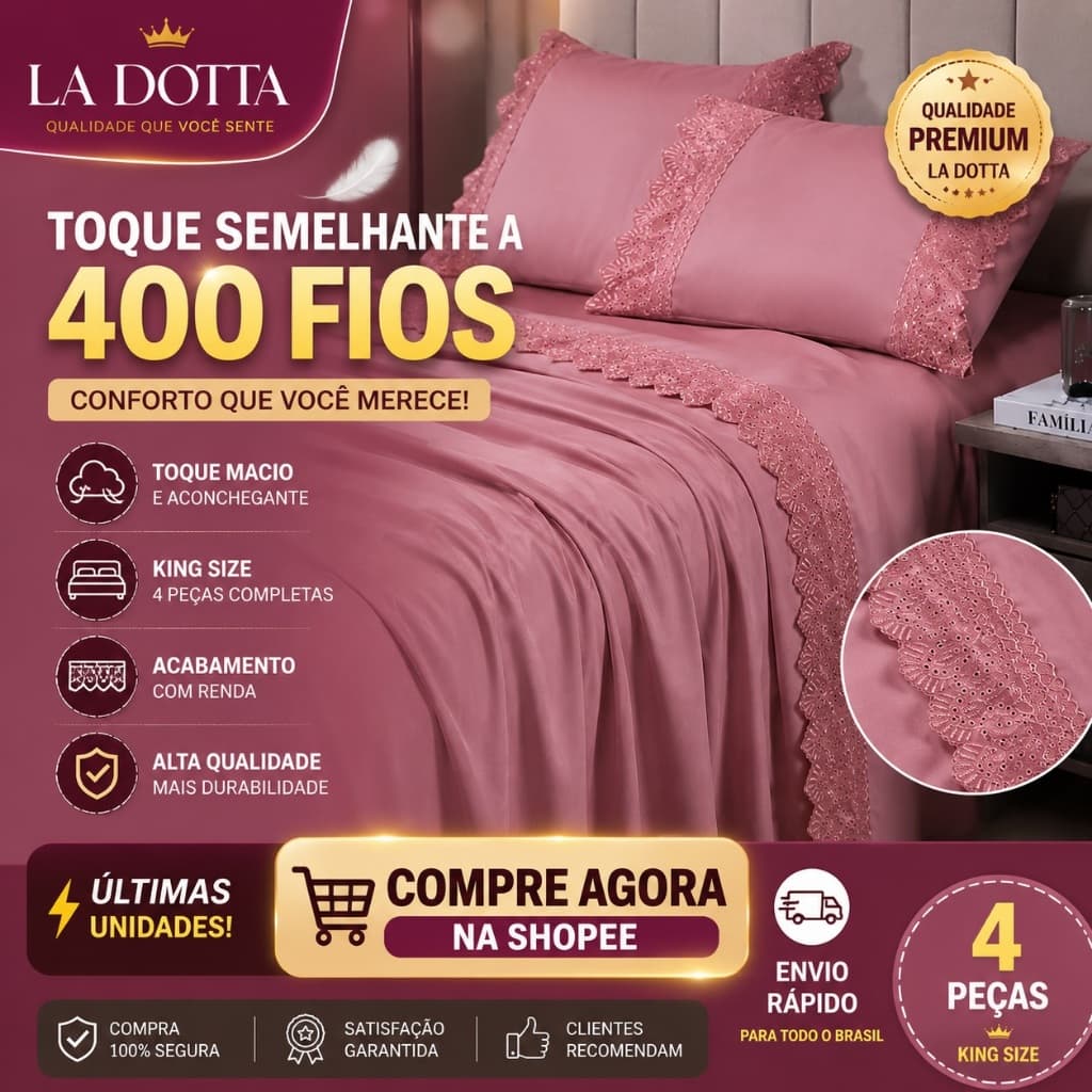 🛏️ Jogo de Lençol King Size 4 Peças com Renda Premium – La Dotta