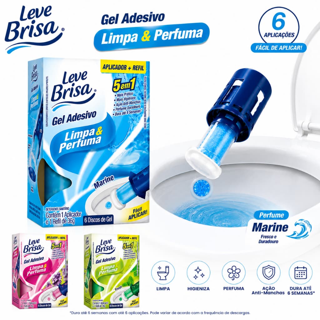 Gel de 1 à 6 Aplicações Gel Sanitário Adesivo Leve Brisa Lavanda Marine Fresh | Com Aplicador