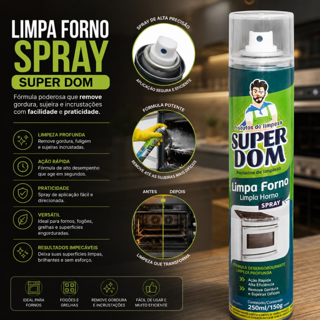 Spray Limpa Forno e Airfryer Spray 250ml 150 g Desengordurante Remove Gordura Incrustada Super Dom