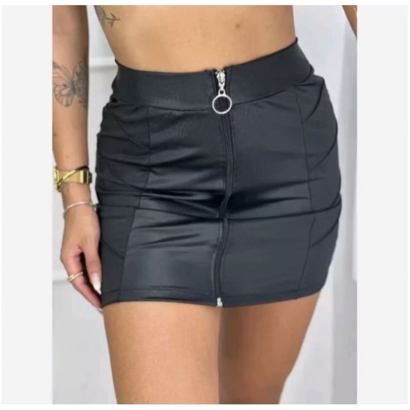 Saia couro fake com zíper frontal moda de inverno.