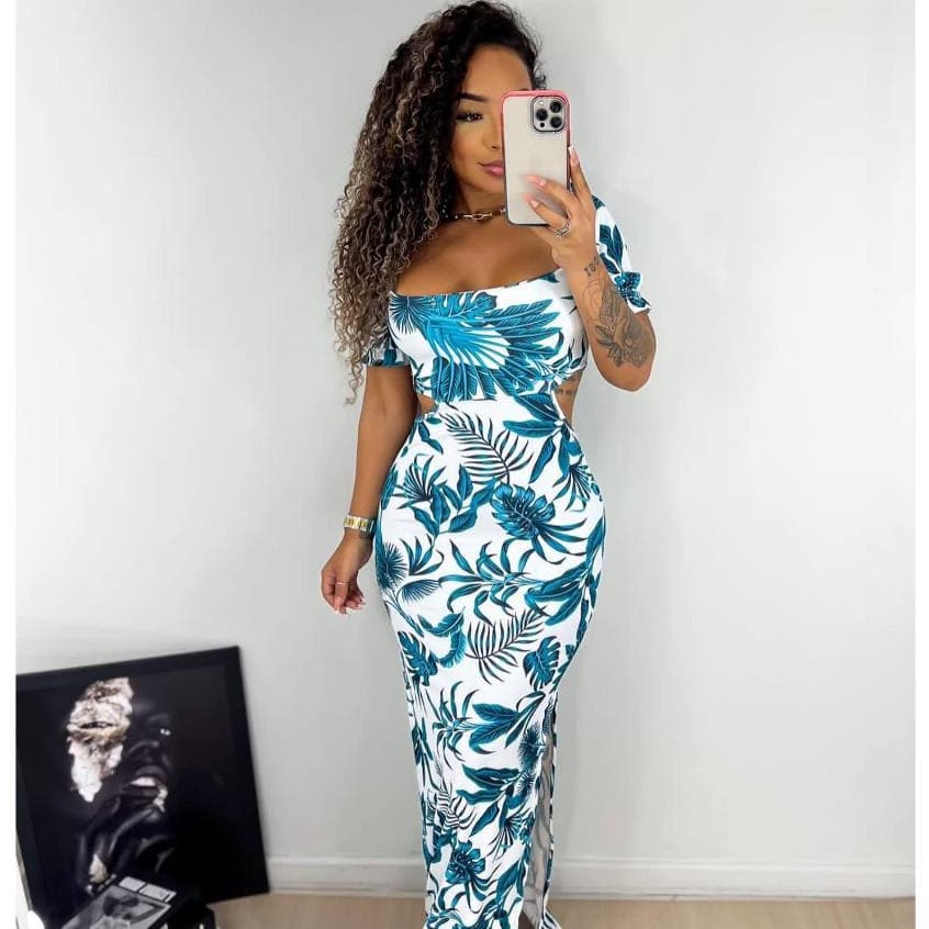 VESTIDO LONGO FEMININO CANELADO DE MANGA COM ABERTURA LATERAL