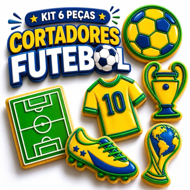 Cortador de Biscoito Futebol Copa do Mundo Kit 6 Peças Carimbo Massa Americana