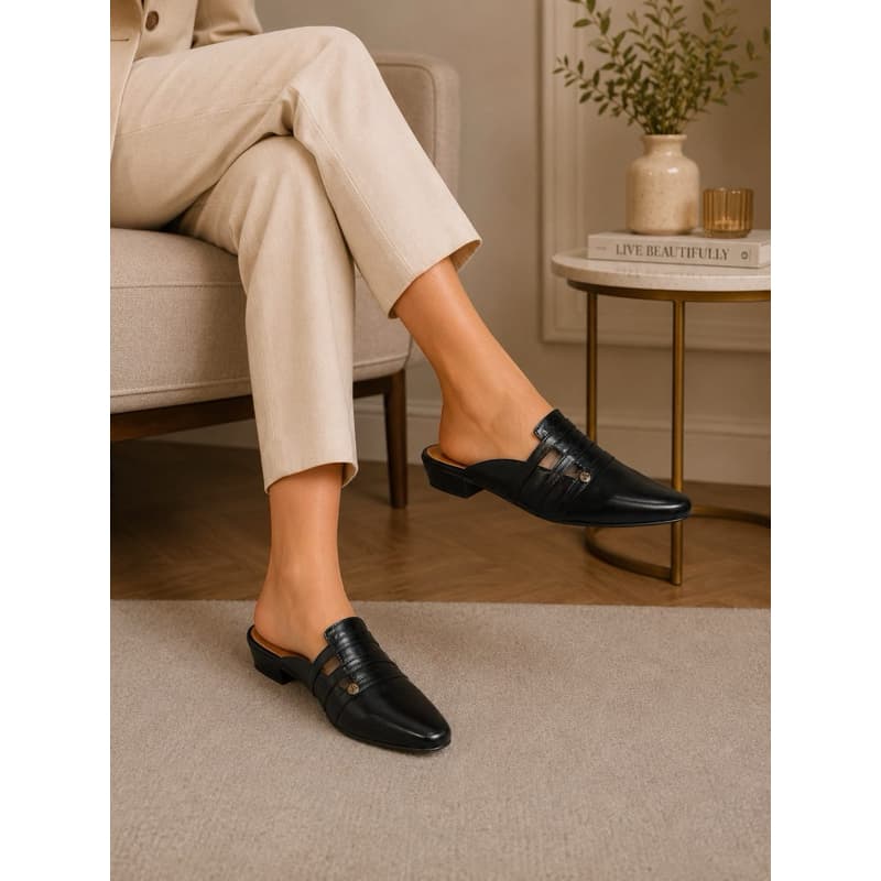 Tamanco Mule com salto baixo preto fosco original confort