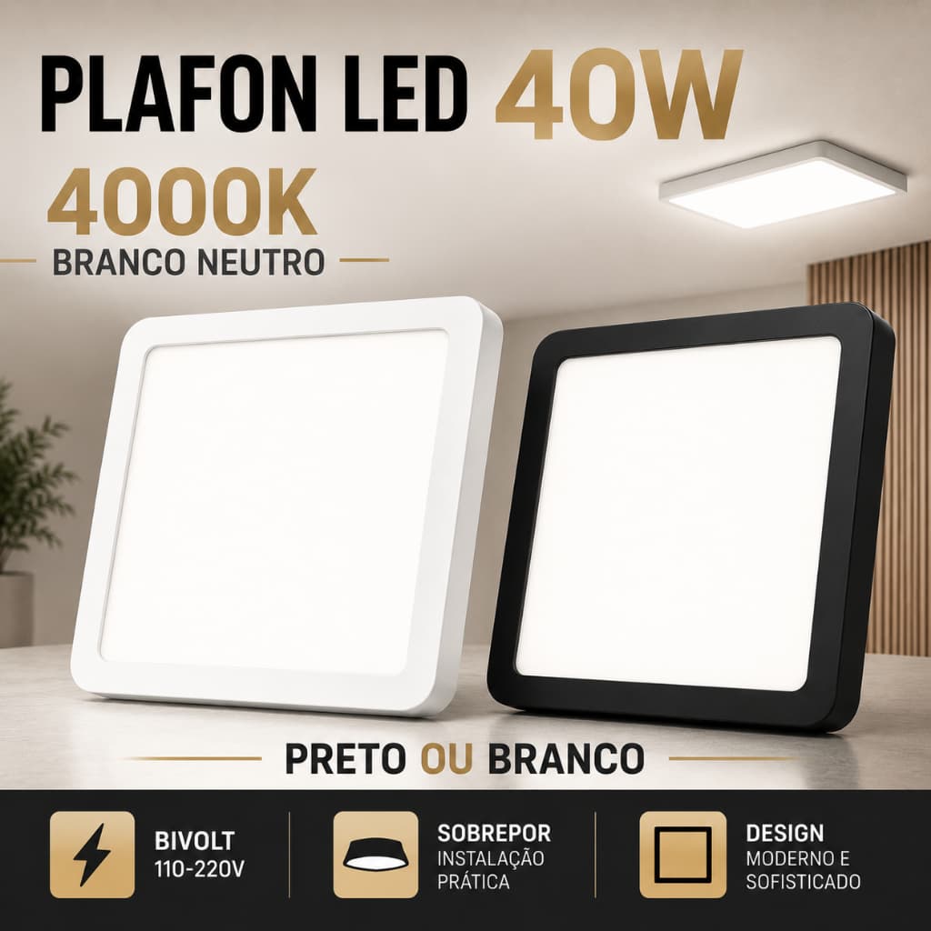 Plafon LED Sobrepor 40W Quadrado Bivolt 4000K Branco Neutro