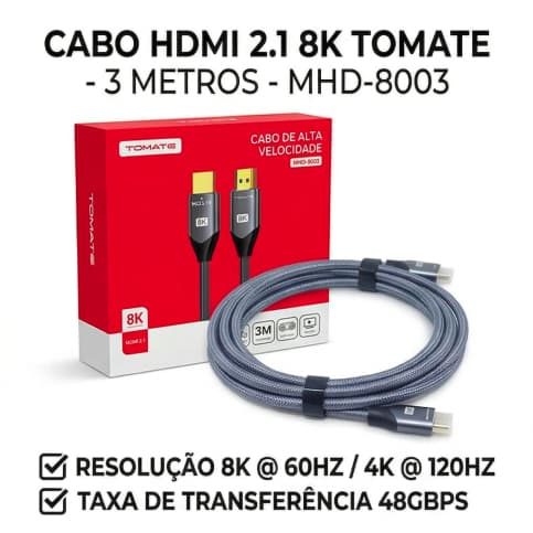 Cabo HDMI 2.1 8K Ultra HD 60Hz 3 Metros - Especial para PS5 Xbox Series X e PC Gamer
