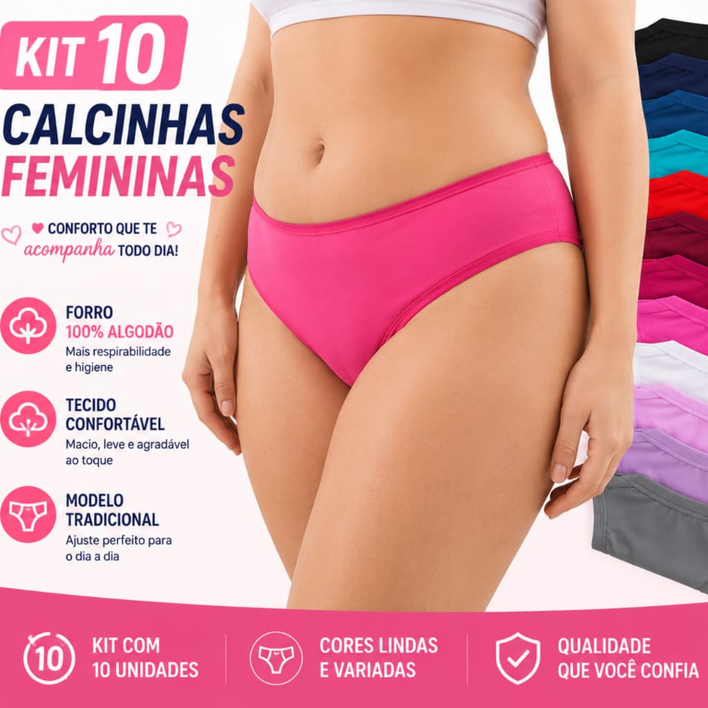 Kit 10 Calcinhas Conforto tradicional 100% Algodão Variedade em Cores Básicas