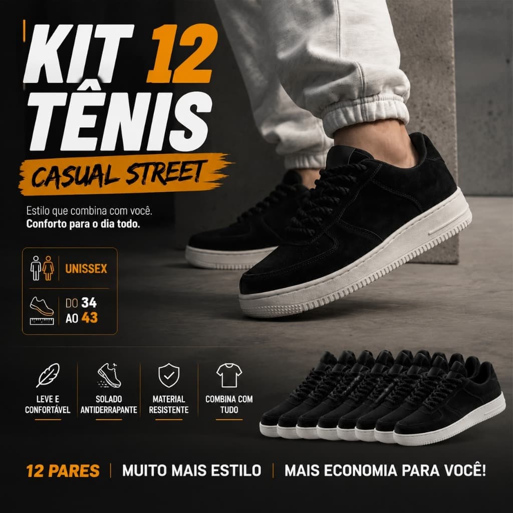 Oferta Combo 12 Pares Tênis Casual Street Unissex Em Camurça Do 34 ao 43 Para Academia Caminhada