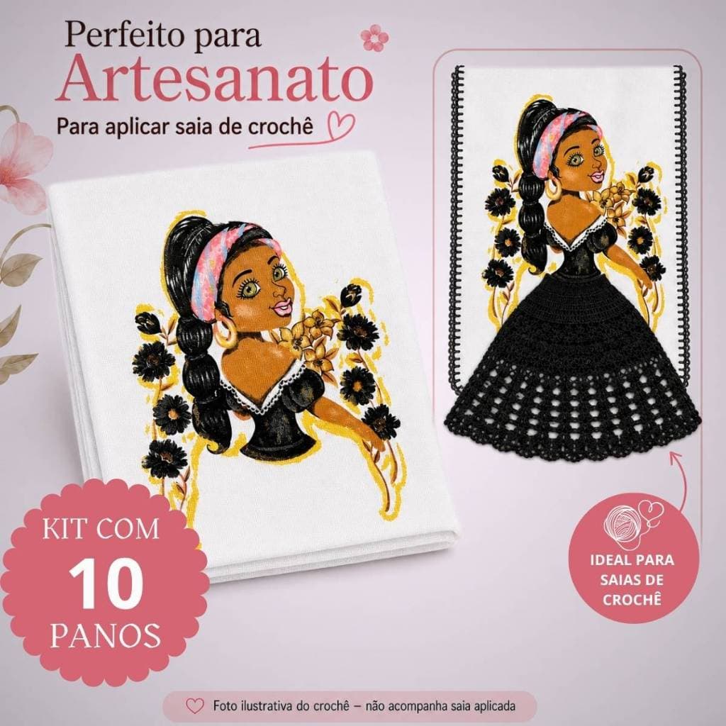 Kit 10 Pano de Prato Boneca Artesã Filó 100% Algodão Premium Estampa Linda 70X45 Cozinha