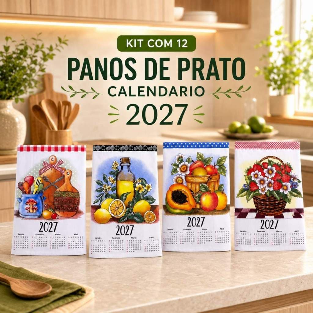 Kit 12 Panos de Prato Calendário 2027 - 100% Algodão Alta Qualidade Artesanato Cozinha Brindes