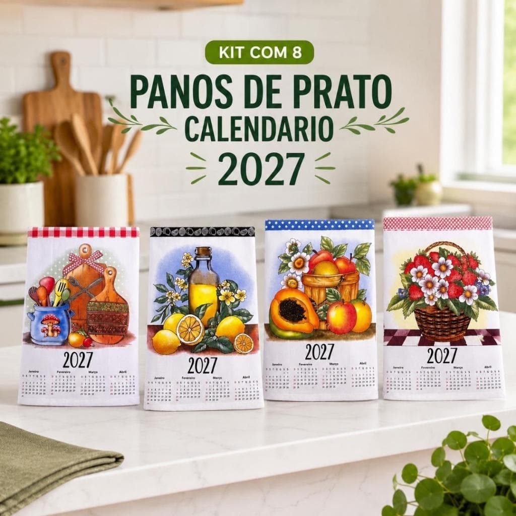 Kit 8 Pano de Prato Calendário 2027 100% Algodão Grande 70x45 Alta Absorção Não Solta Tinta