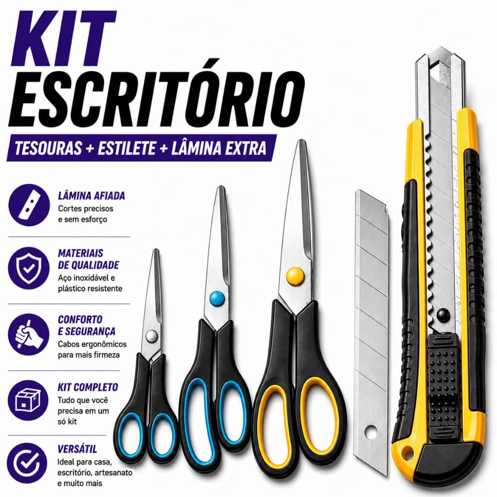 KIT ESCRITÓRIO - 3 Tesouras Multiuso + 1 Estilete Profissional