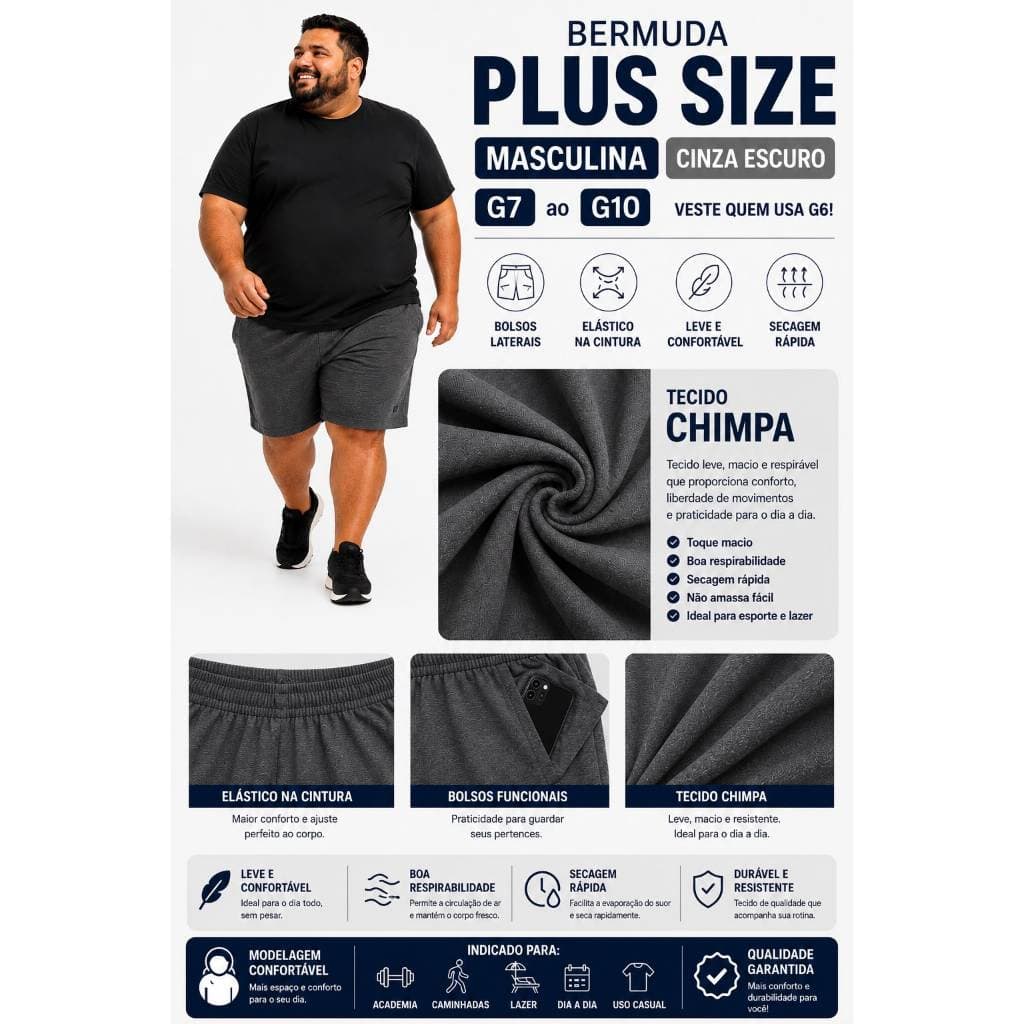 Bermuda Plus Size Masculina Cinza G7 ao G10 Com Bolso e Elástico