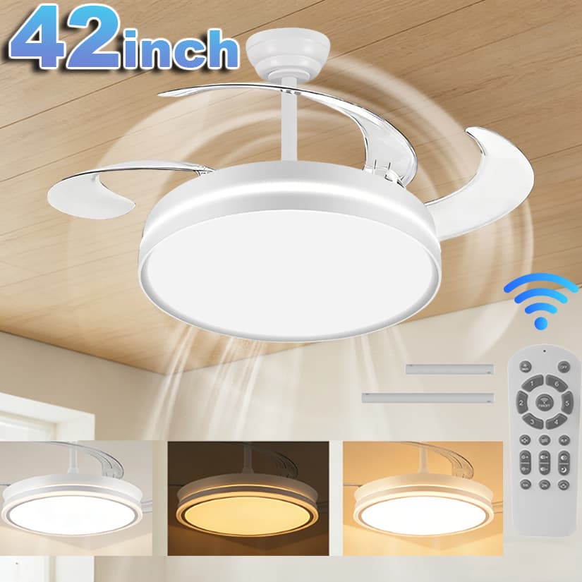 42 Ventilador de Teto Plafon 3 Pás Retrateis Ultra Silencioso LED Multicolor Moderno com Controle Nepul