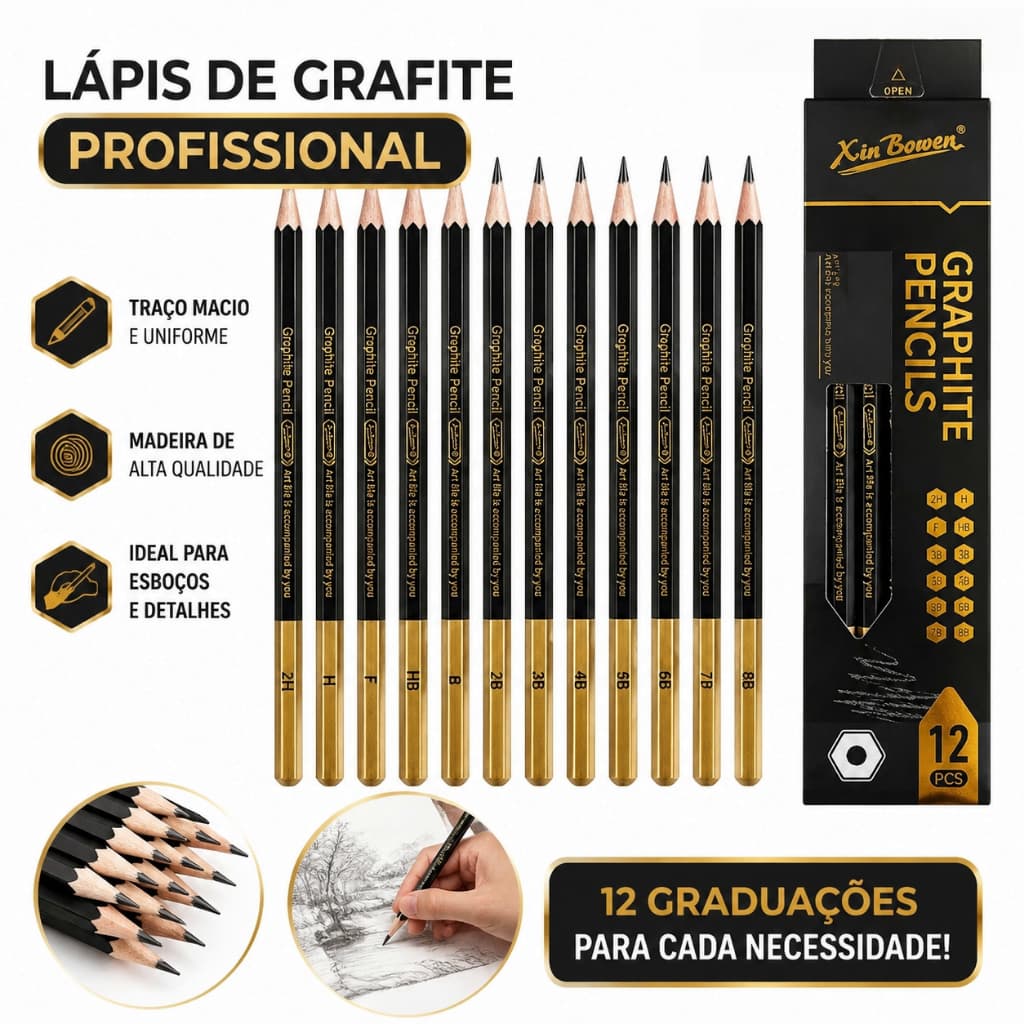 12 Lápis Grafite 8mm 2H-8B Profissional com Esfuminho Desenho Artístico Esboço Sombras 005