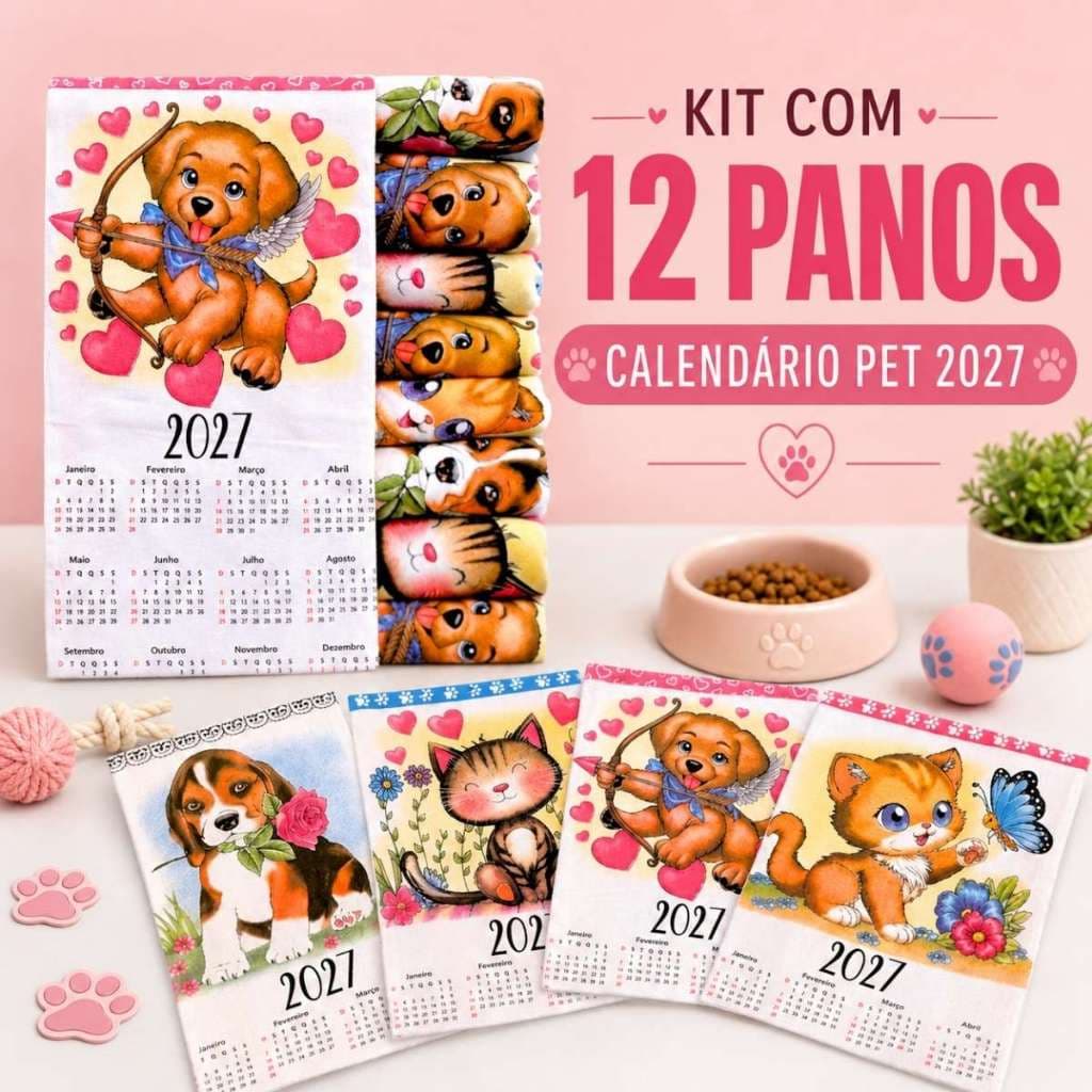 Kit 12 Pano De Prato Calendário 2027 Pet - 4 Estampas Sortida