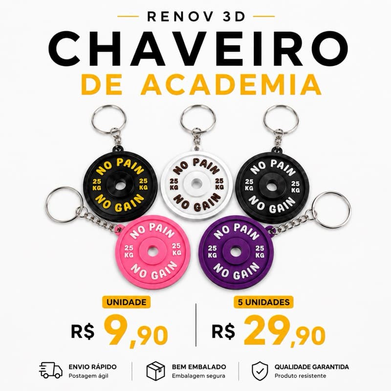 Chaveiro Peso Academia 💪 No Pain No Gain | Fitness 3D | Presente Criativo para quem Ama Treinar 💪