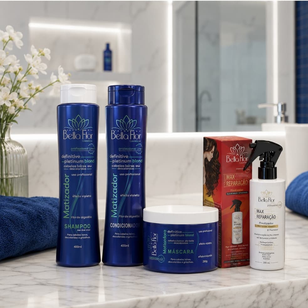 Kit Capilar Matizador + Max Reparação 4 Produtos Bella Flor Loiros Matização Profissional