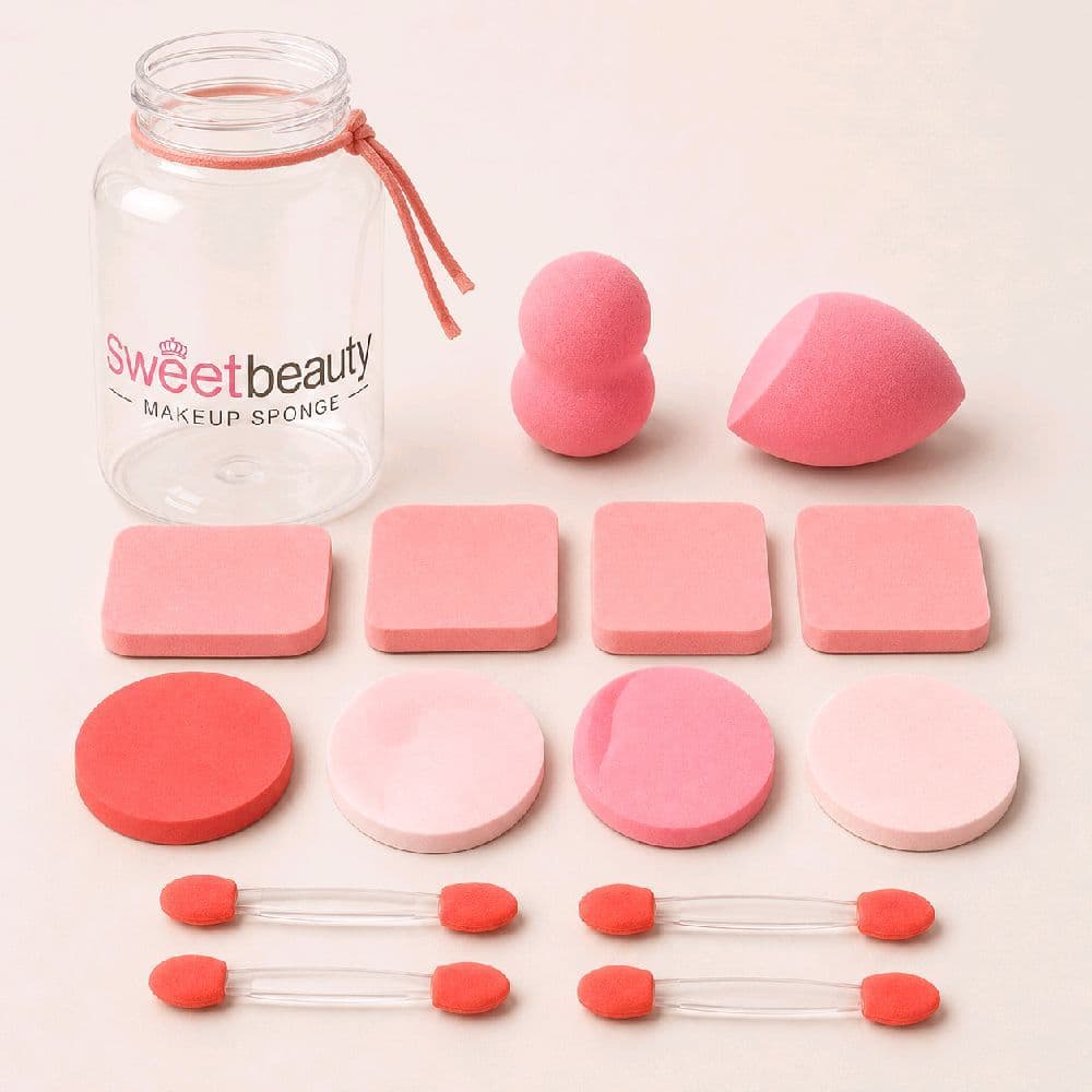 Kit 10 Esponjas Variados Para Maquiagem Base Corretivo e 4 Pinceis De Sombra Com Pote Para Guardar