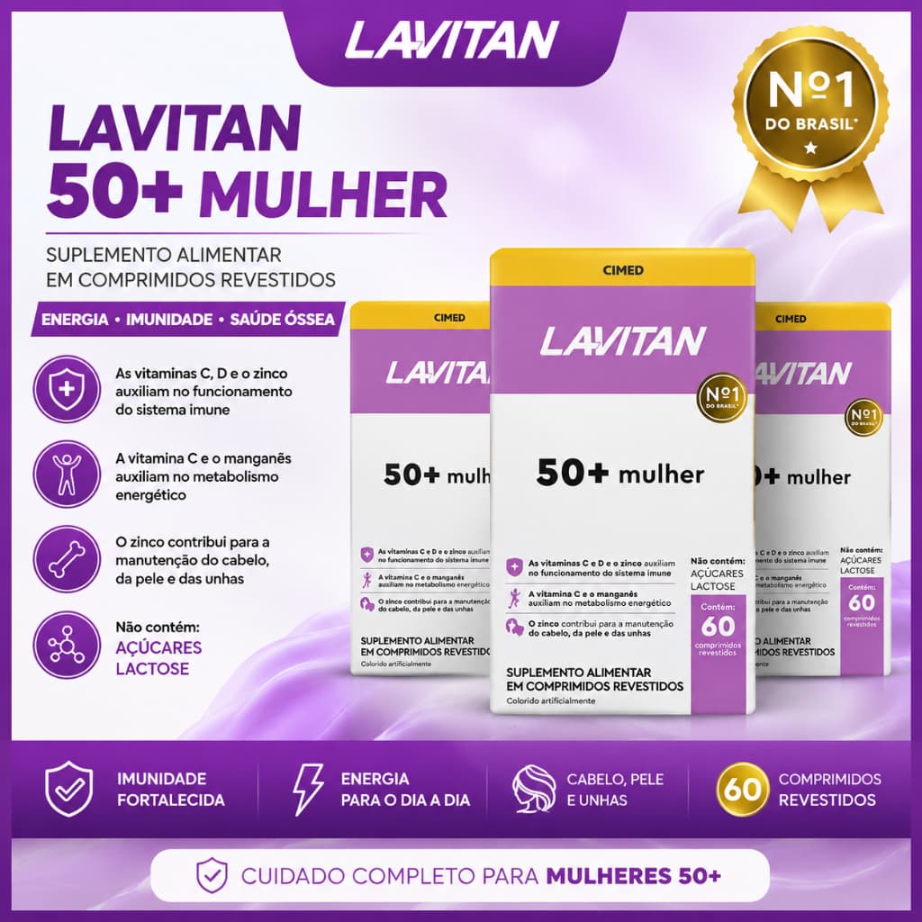Lavitan Mulher 50+ 60 Comprimidos Vitaminas e Minerais Saúde Feminina Energia Ossos Cabelos Pele Saúde Energia