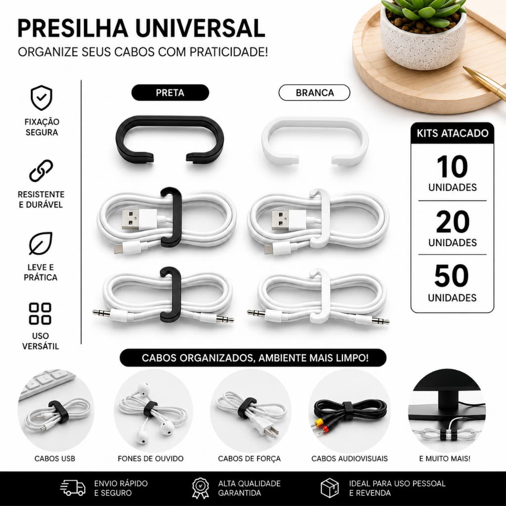 KIT Organizador de Cabos 3D – 10/20/50 Unidades – Mesa e Escritório