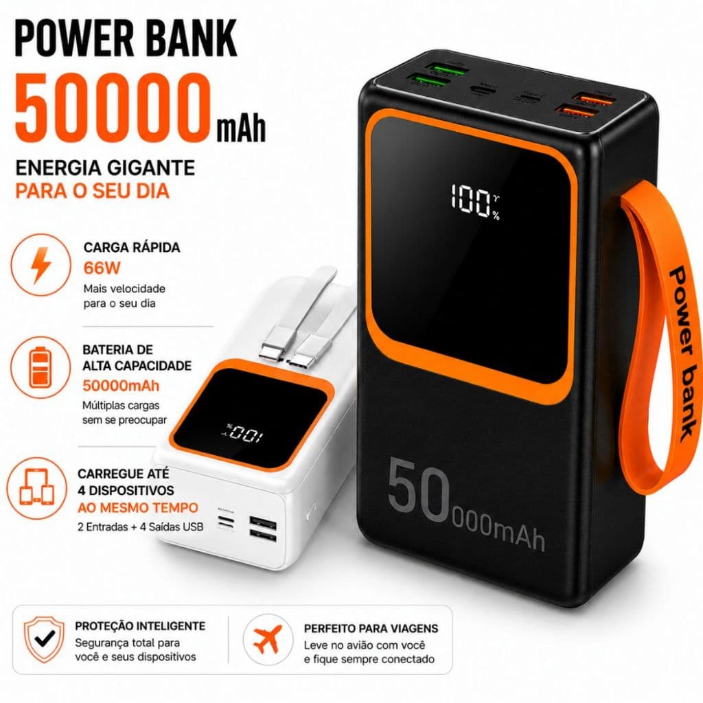 Carregador Portátil 50000mAh Power Bank 66W Alta Capacidade Recarregável 2 Usb Celular Tablet Notebook