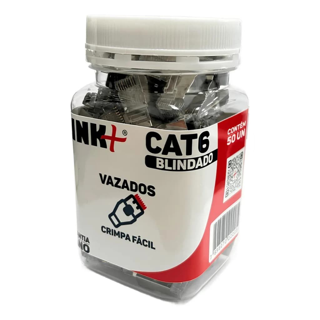 Conector RJ45 Cat6 Blindado Vazado Passagem 50 Pcs Link+