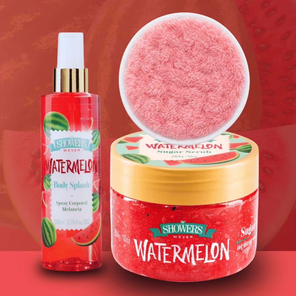 Kit 1 Esfoliante Corporal + 1 Body Splash + Esponja de Poliéster Corpo Rosto Hidratante Vanilla Melancia