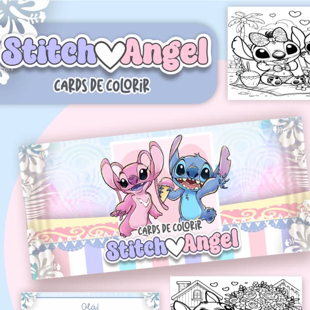 Card de Colorir Stitch & Angel • 4 Desenhos • Não Personalizado • Lembrancinha Festa Infantil