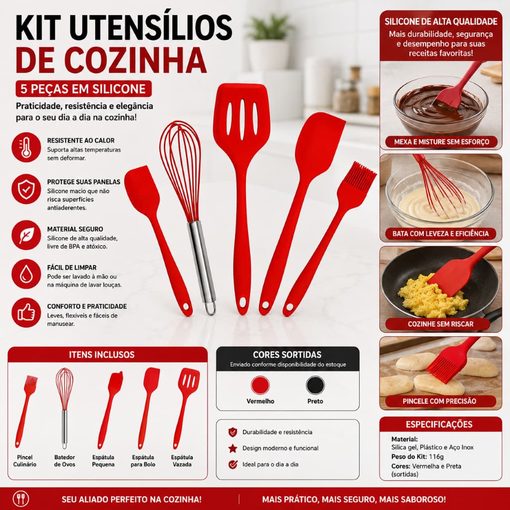 Kit Utensilios Silicone Cozinha Resistente Flexivel Antiaderente 5 Pecas Multiuso Colorido
