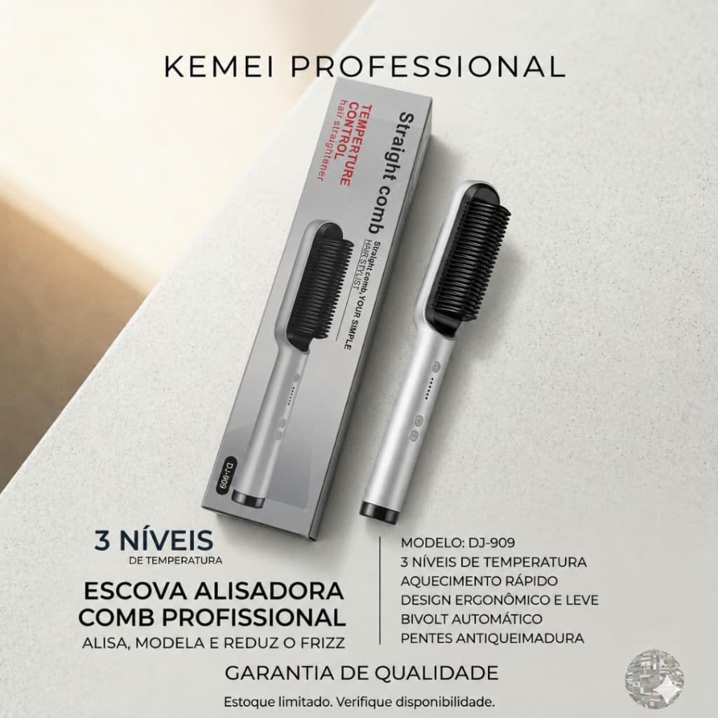 ESCOVA ALISADORA  COMB PROFISSIONAL DJ - 909 KEMEI ALISA MODELA REDUZ FRIZ