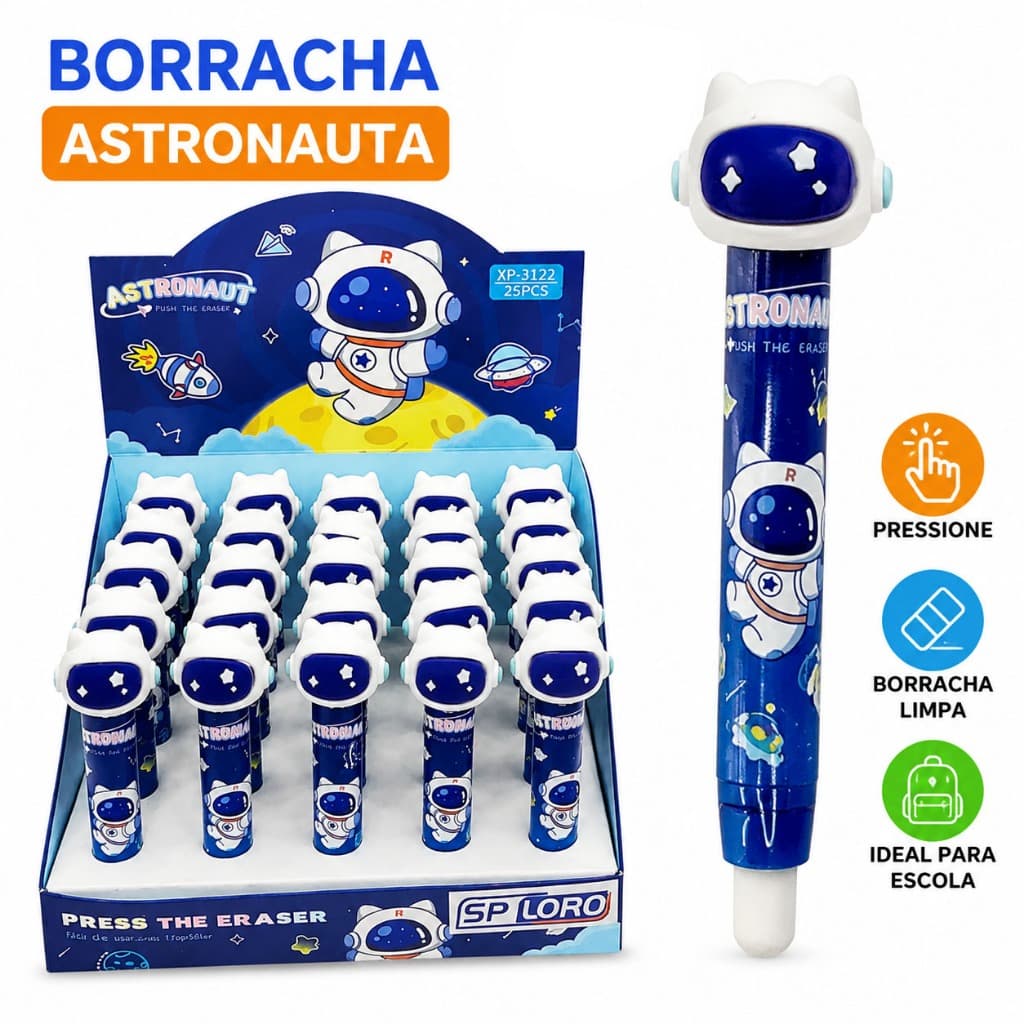 Apagador de Astronauta Fofo com Botao Pressao Nao Faz Sujeira Presente Escolar