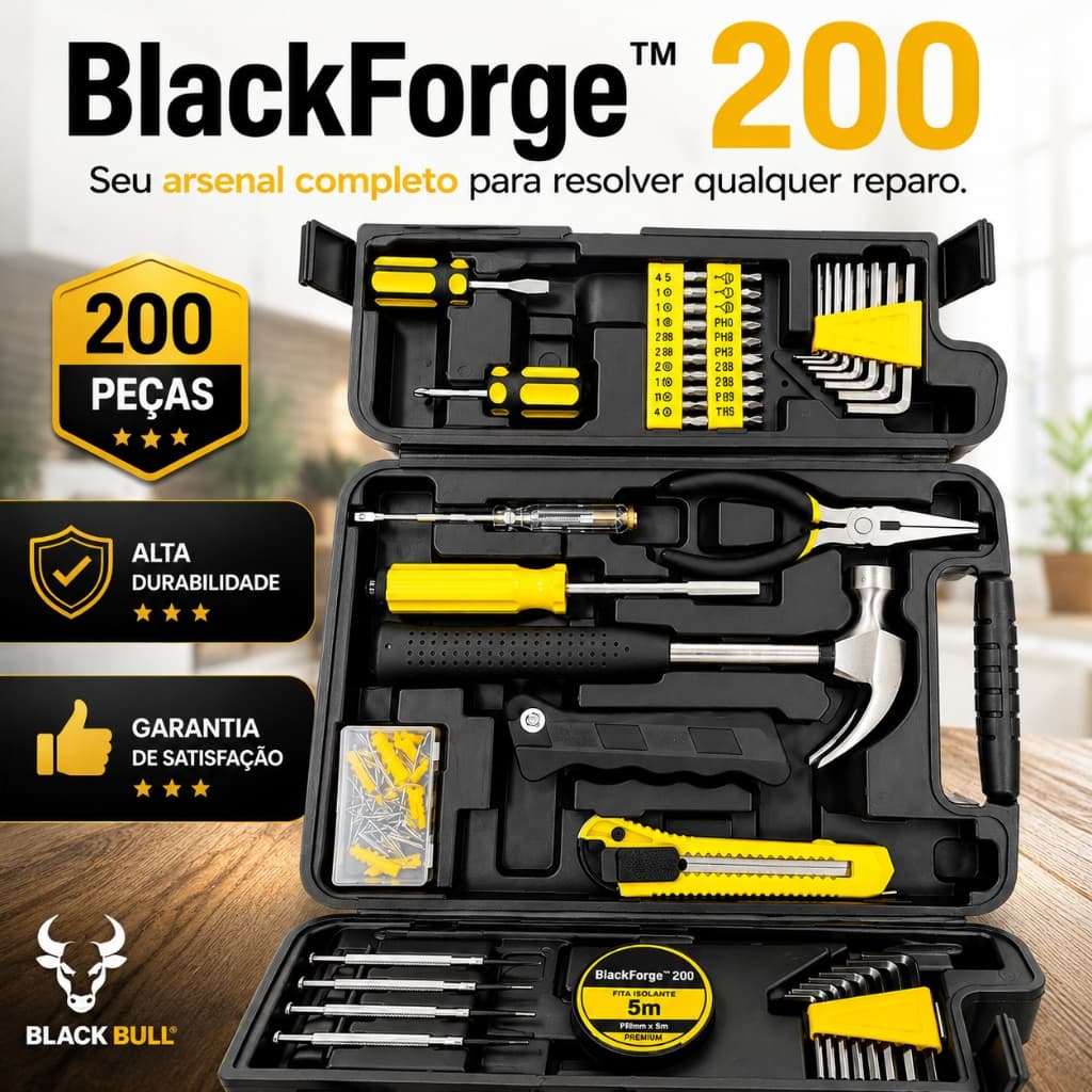 Kit Maleta de Ferramentas 200 Peças Completa Profissional com Martelo Alicate Chaves e Bits BlackForge™