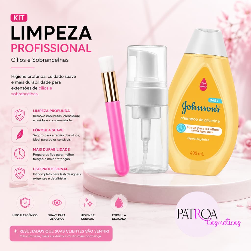 Frasco Pump Espumador 50 Ml + Shampoo Johnsons Limpeza De Cílios E Sombrancelha + Pincel Rosa