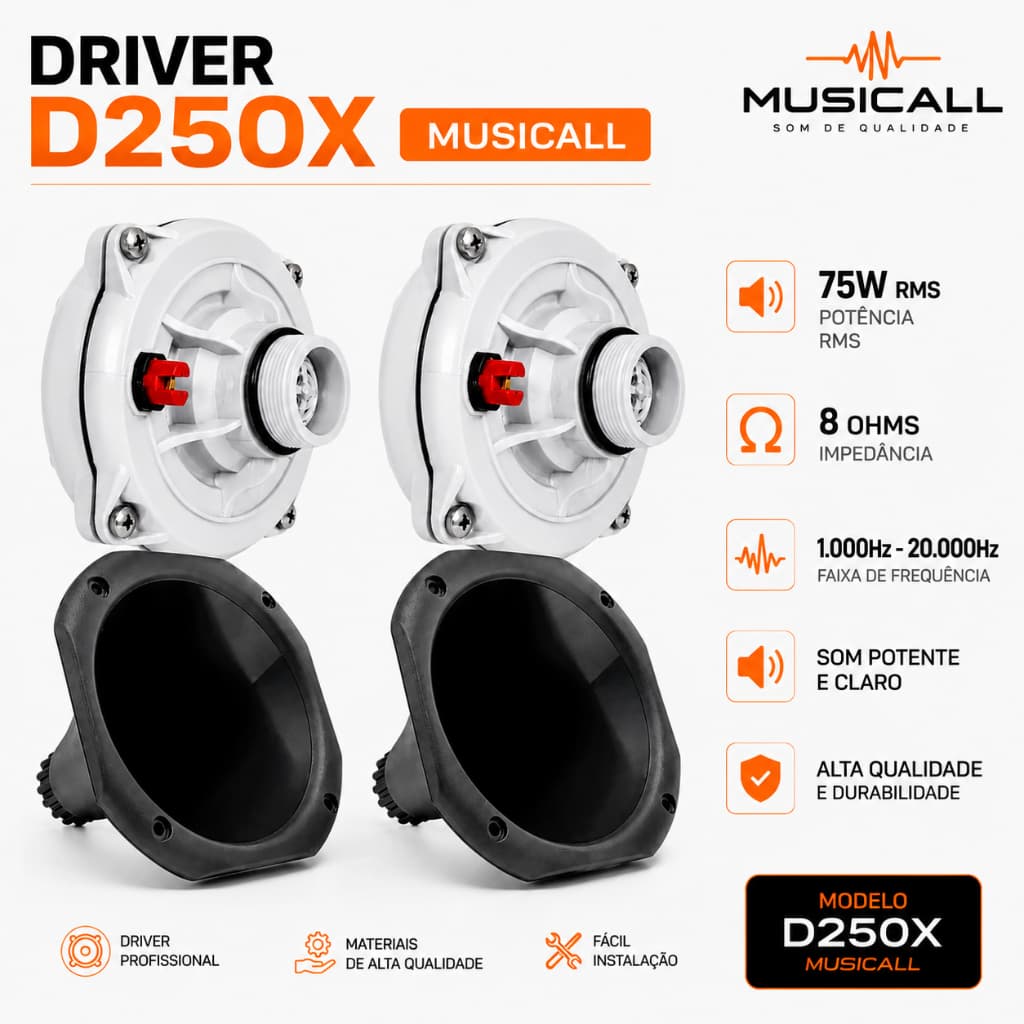 2 Corneta Curta +2 Capacitor + 2 Driver D 250x Musicall 200w Som Automotivo Som Profissional Residencial Para Caixa Trio