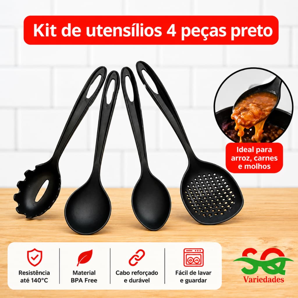 Kit De Utensílios De Cozinha 4 Peças Preto Colher Escumadeira Pegador Resistente Livre BPA Premium