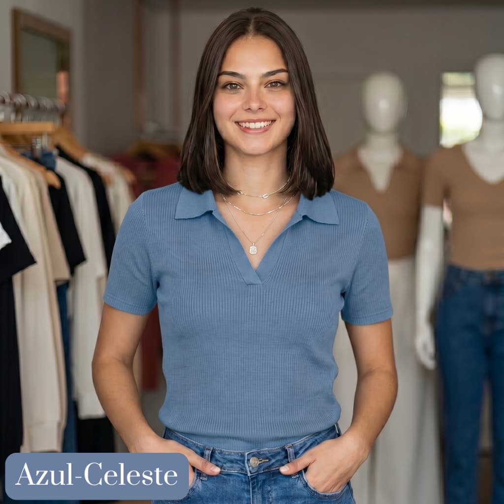 Blusa Camiseta Gola Polo Feminina look moderno Ribana Canelada Premium Elegante Casual Veste 36 ao 50