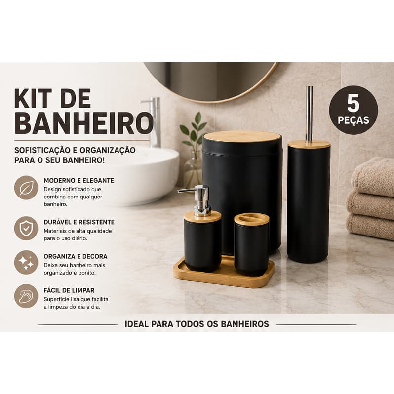 Kit Banheiro Preto 5 Peças Porta Sabonete Escova Algodão Lixeira Organizador Completo Premium