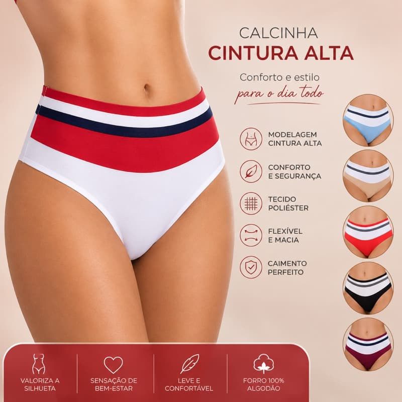 Kit com 10 Calcinhas Cintura Alta Feminina Microfibra Cós Alto e Forro em Algodão