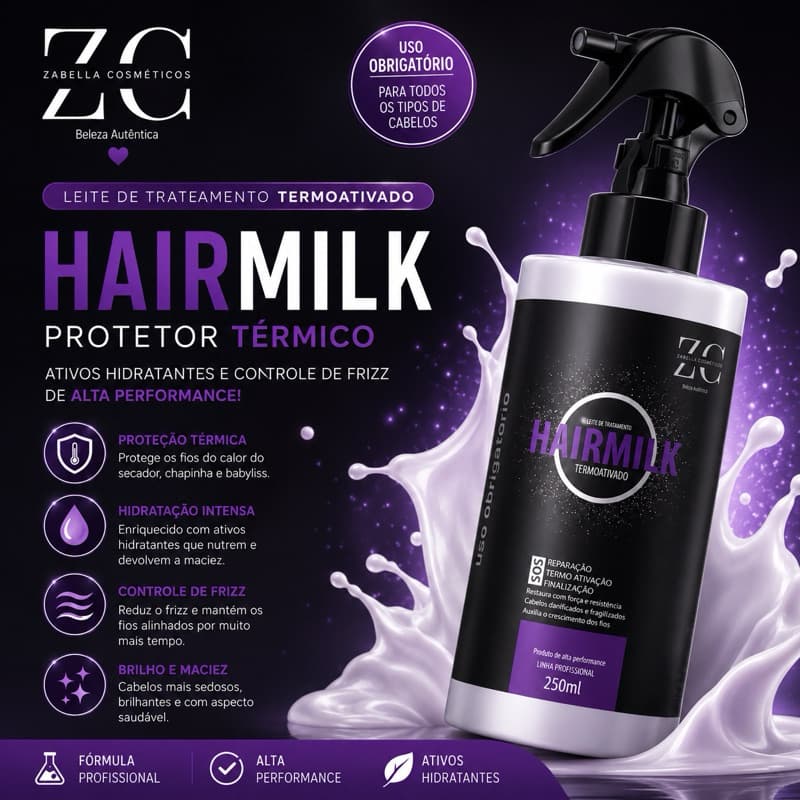 HAIRMILK Zabella Profissional Protetor Térmico Leave In Anti Frizz Hidratante 250ml
