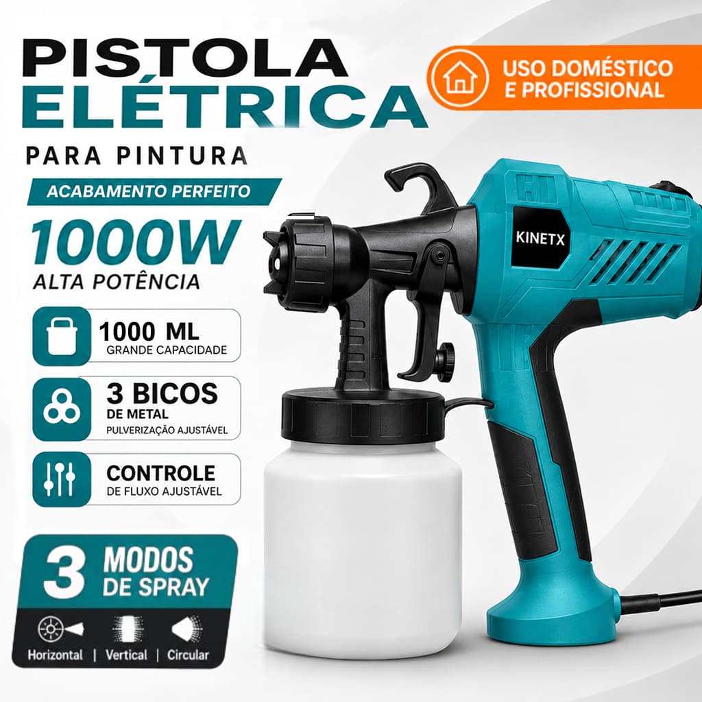 KINETX Pistola Elétrica Para Pintura 1000W Pulverizador de Tinta com 3 Bico de Metal e Compressor