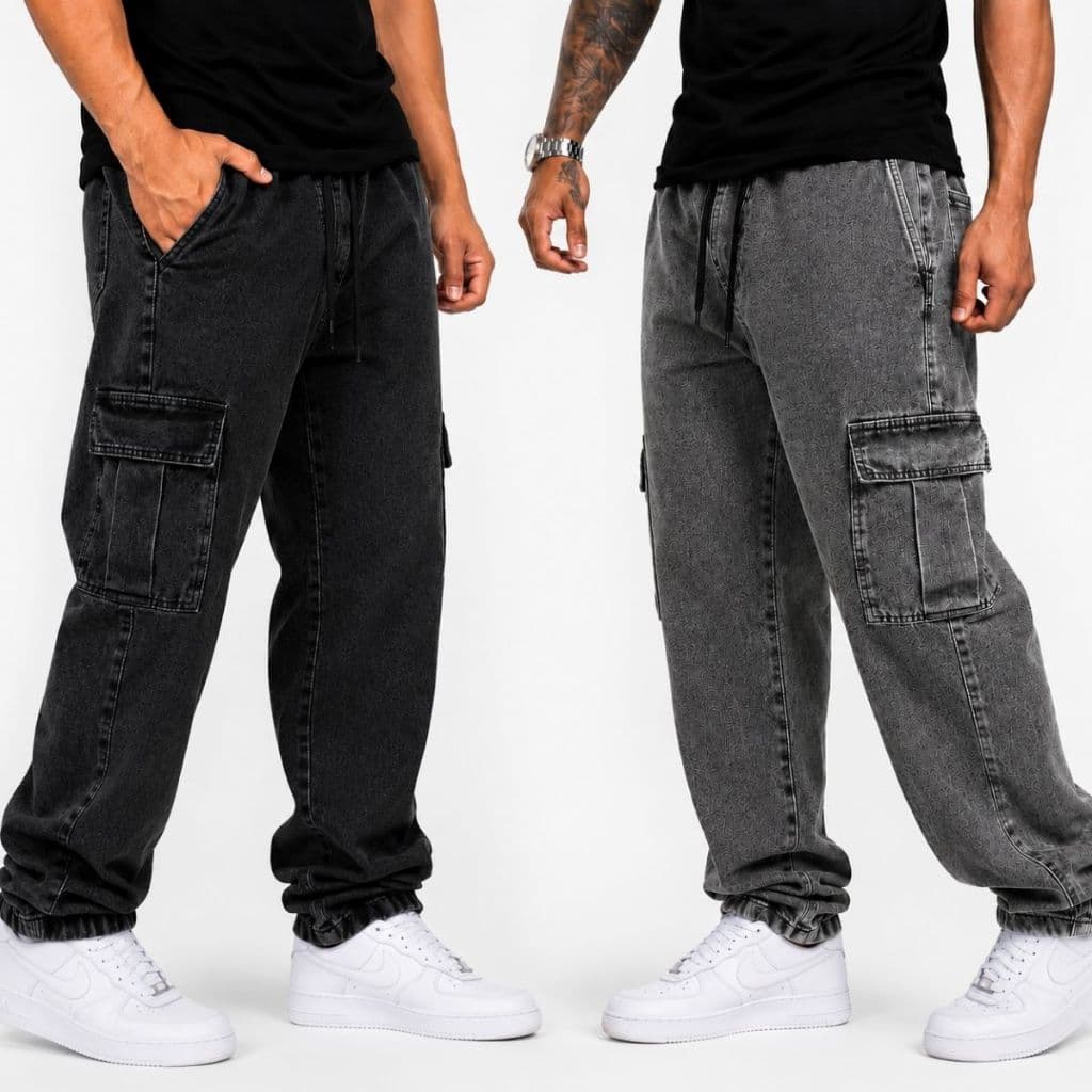 Calça Cargo Masculina com Elástico e Bolso Lateral Jeans Marmorizado Grafite Streetwear Adulto