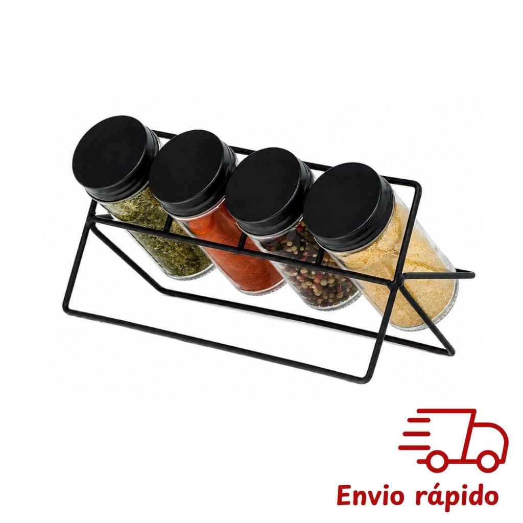 Kit Porta temperos 4 Potes de Vidro p/ Temperos e Suporte em Metal Preto Armazenamento Cozinha Lyor