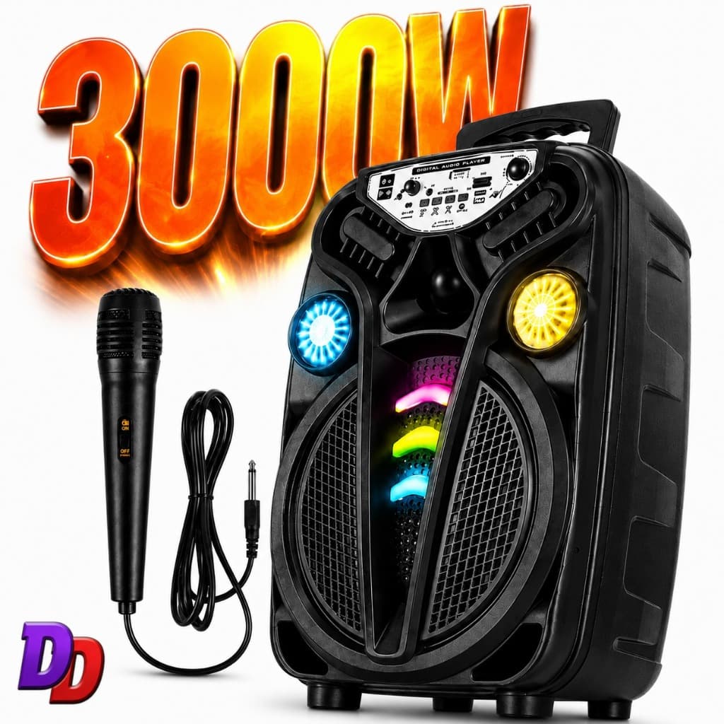 Caixa de som Grande Partybox 3000w Potente Bluetooth Microfone karaoke c/ Alça Bass Led RGB Play Radio