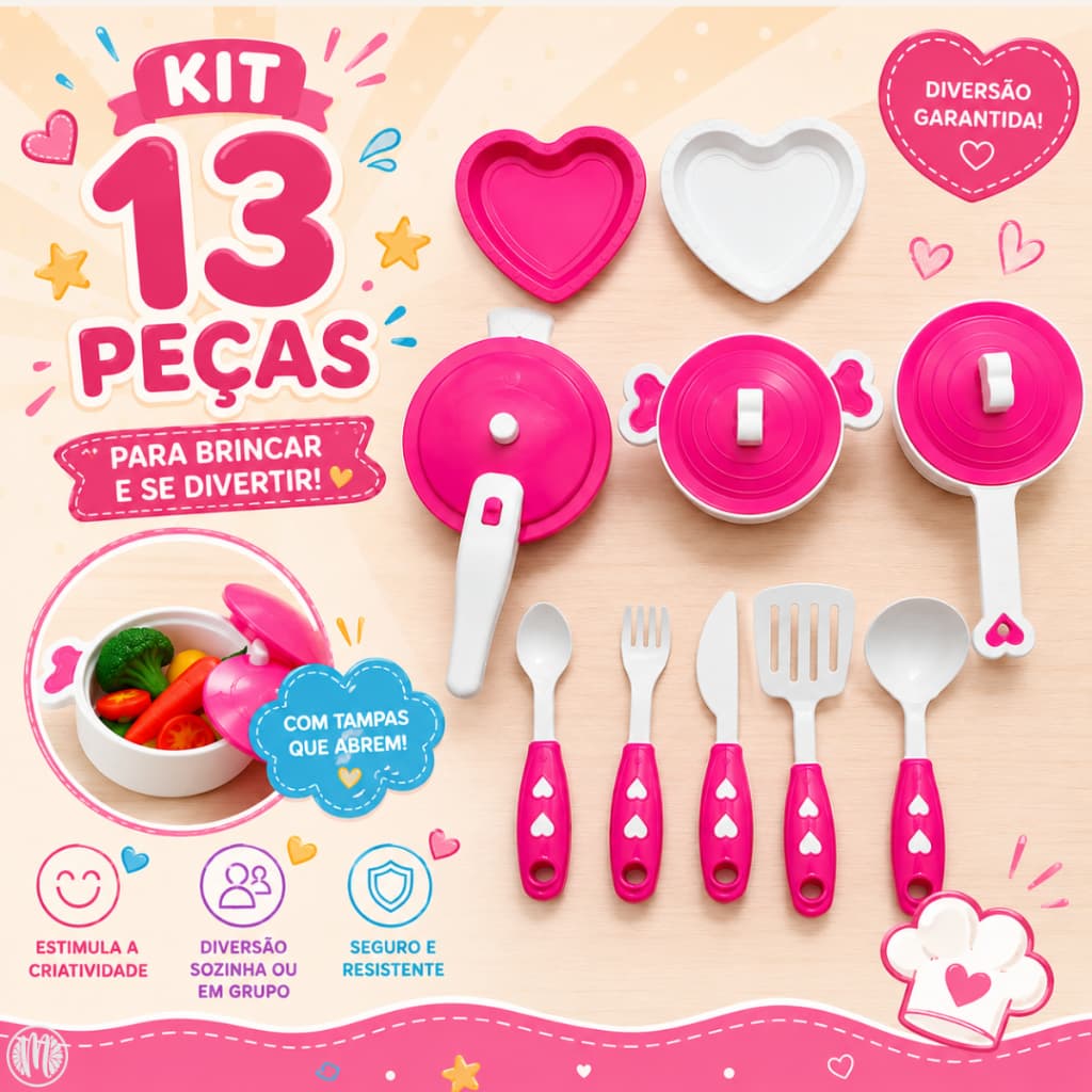 Kit Cozinha Brinquedo Infantil Chef Kids Panelinhas Talheres Faz de Conta Meninas