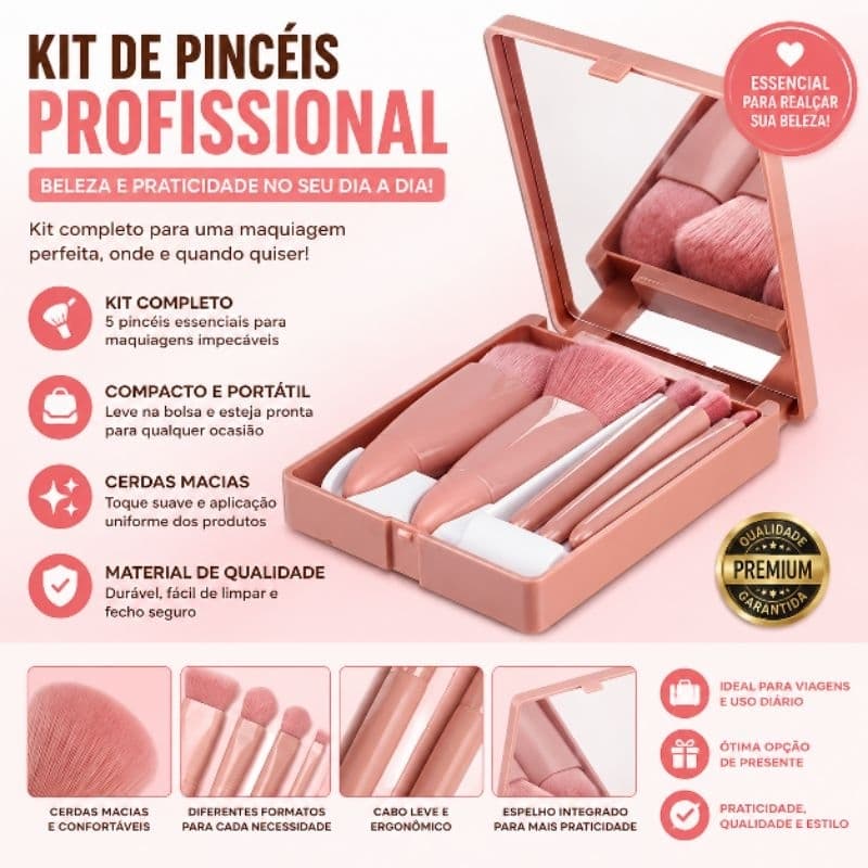 Kit  Maquiagem com 5 Peças Estojo Portátil com Espelho