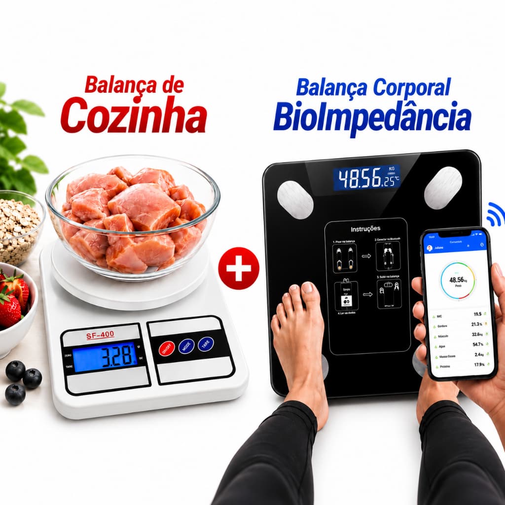 Kit Balança Digital Corporal Bioimpedância Bluetooth IMC 180KG + Balança Cozinha Alta Precisão 10kg