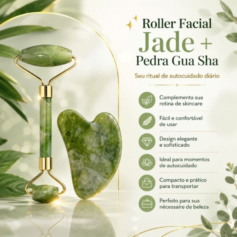 Kit Roller Facial e Pedra Gua Sha Verde para Massagem Facial e Skincare Feminino roller facial, gua sha, kit skincare
