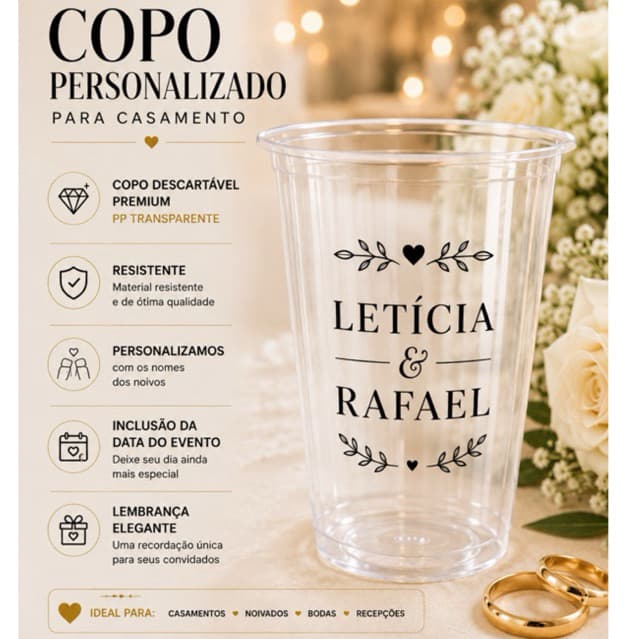 Copo Personalizado Casamento Noivado Bodas PP Transparente 300 400 500 700ml 50 100 200 Unidades